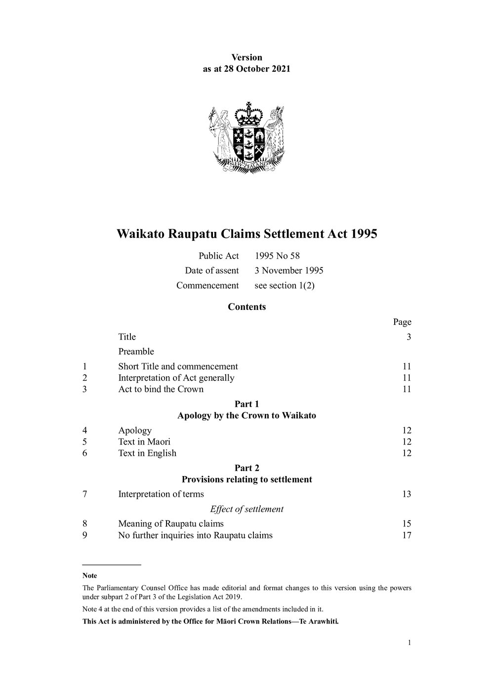 Waikato Raupatu Claims Settlement Act 1995. Print version as at 28 October 2021