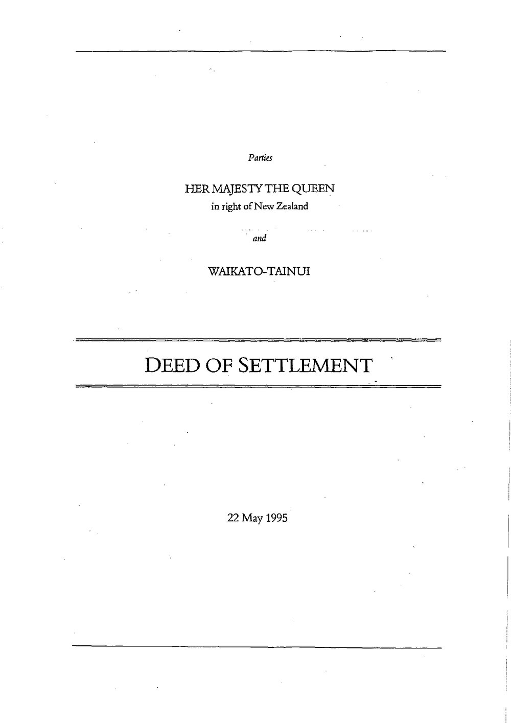 Waikato Tainui Deed of Settlement dated 22 May 1995